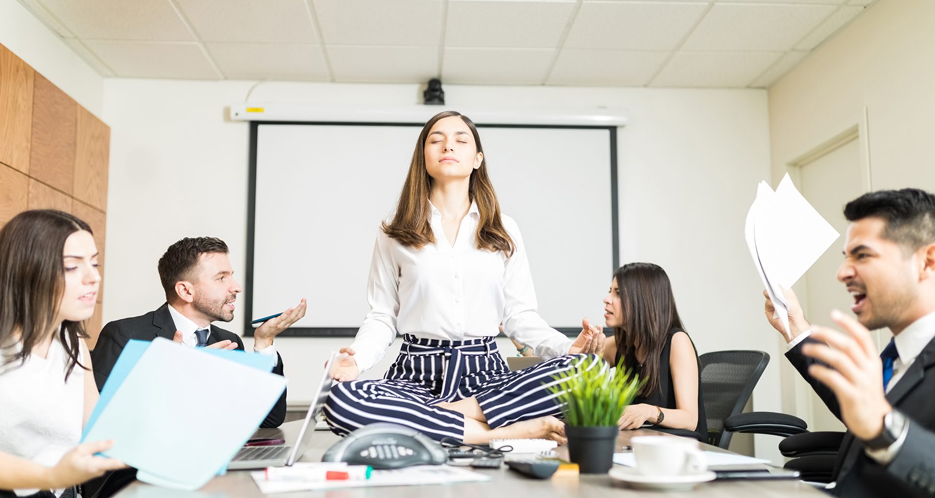 Easygoing Businesswoman Keeping Calm In Stressing Situation